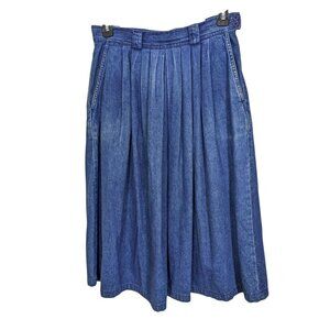 Womens Vintage Midi Denim Skirt Size 14 Blue A Line Pleated Front Side Button